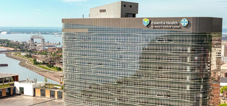 St. Mary's Medical Center building with Duluth city skyline